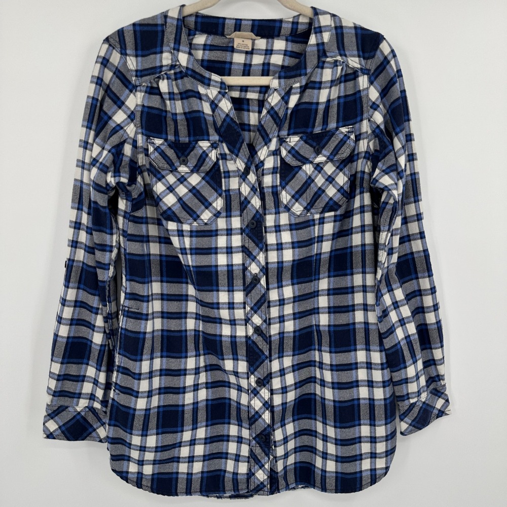 Duluth Trading Co. Women's Blue Plaid Cotton Blend Button Down Shirt Small‎